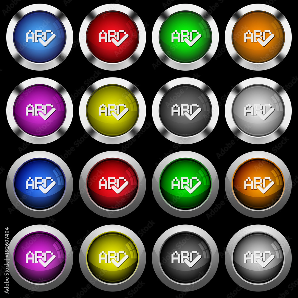 Spell check white icons in round glossy buttons on black background Spell check white icons in round glossy buttons on black background