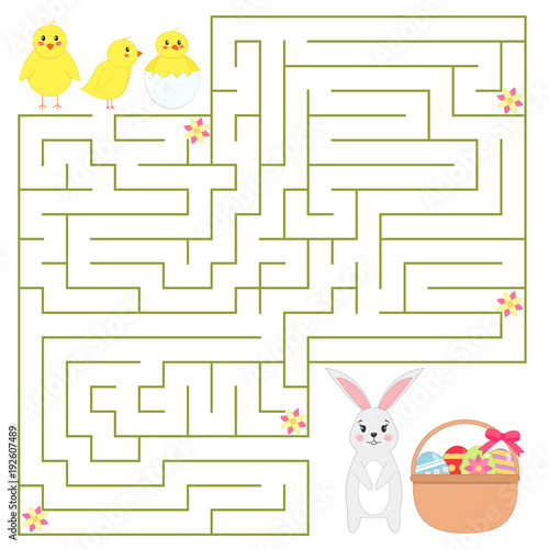 Help chickens find way to Easter bunny with Easter eggs in the basket. Cute cartoon characters. Educational game for children. Vector illustration