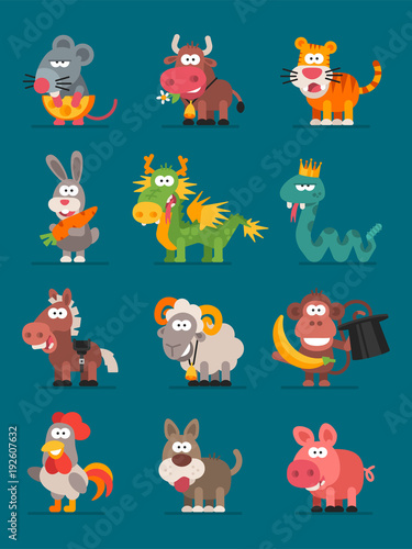 12 Animals Chinese Zodiac. Vector illustration. Set Characters. Mascot Pack.
