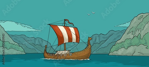 Drakkar floating on the fjord in Norway. Vintage color engraving