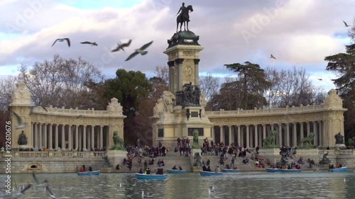 Monument To Alfonso XII in park Buen Retiro, Madrid Spain. Slow motion