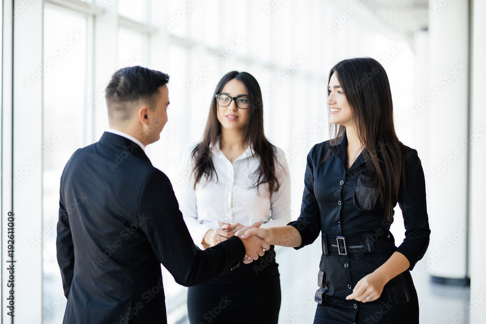 Businessman And businesswoman shaking hands In bright Office Businessman And businesswoman shaking hands In bright Office