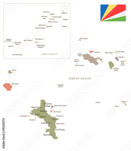 Seychelle - vintage map and flag - Detailed Vector Illustration
