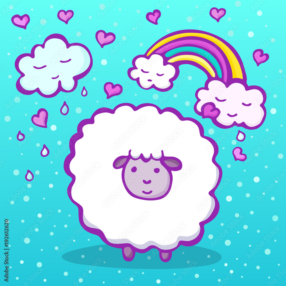 Cute sheep on a blue background with a rainbow, clouds and hearts Cute sheep on a blue background with a rainbow, clouds and hearts