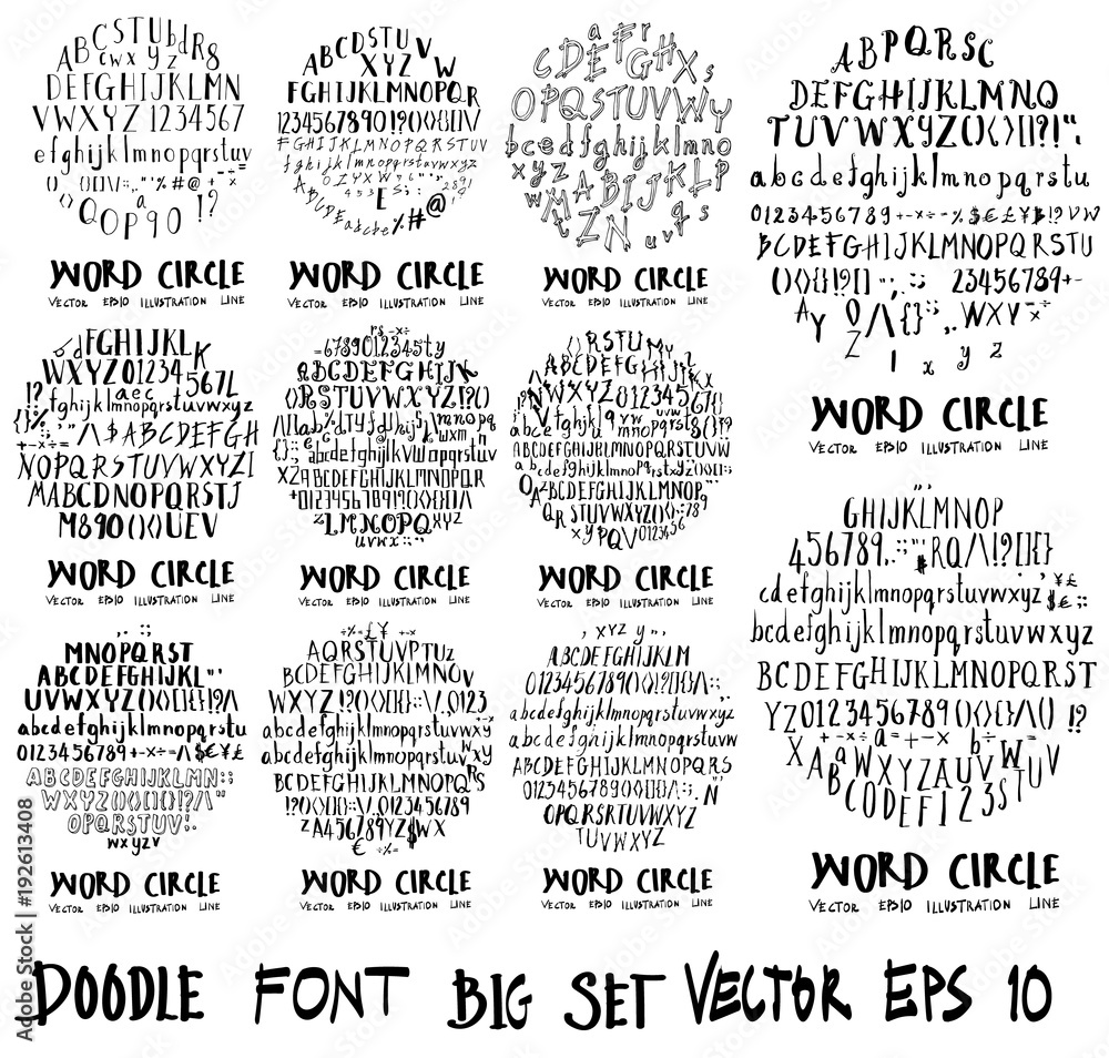 Font doodle illustration circle form wallpaper background line sketch style set eps10