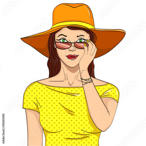 Woman looks through sunglasses. Comic book style imitation. Object on white background vector illustration photo