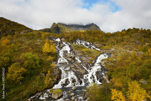 Lofoten waterfall on Moskenesoya, Lofoten, Norway