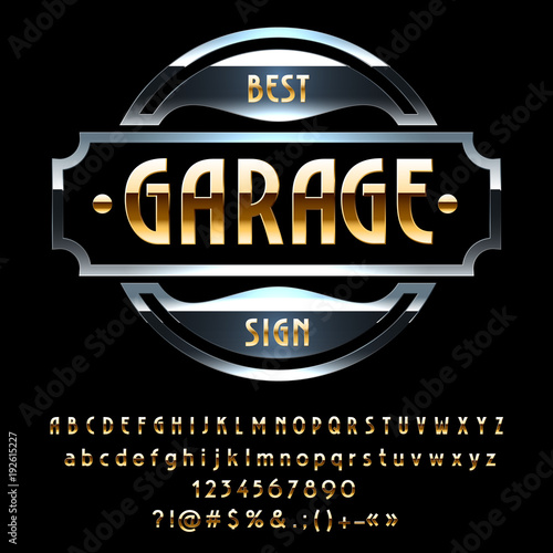 Vector modern glossy Sign Best Garage. Set of Gold reflective Alphabet Letters, Numbers and Symbols photo