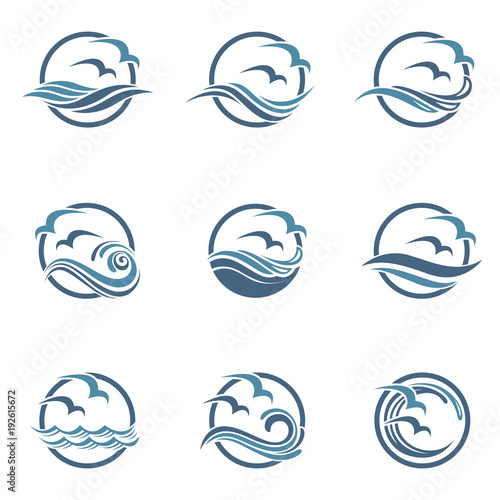 collection of seagull icons with sea waves