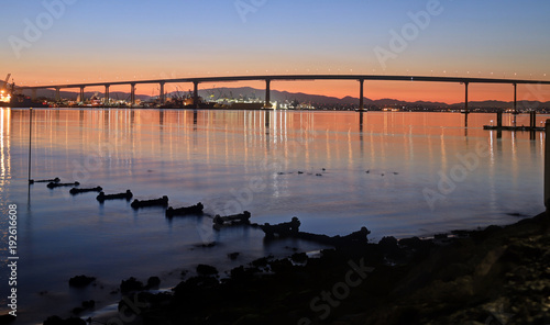 The Sunrise over the Coronado Bridge in San Diego, California.