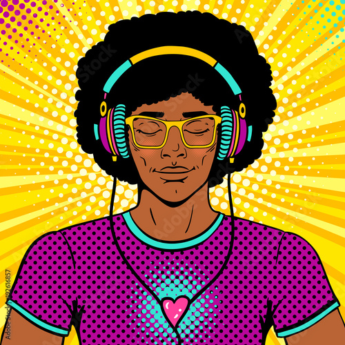 Young sexy man with afro hairstile, smile and closed eyes in brighy glasses and headphones listening to the music. Vector colorful background in pop art retro comic style. Party invitation poster.