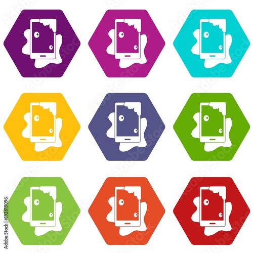 Wet phone icon set color hexahedron