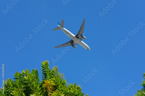 Plane flying over with blue sky above