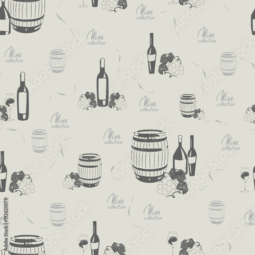 Seamless pattern with wine, wine barrels, wine glasses, grape and lettering on light background.