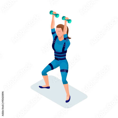 Girl at fitness center doing ems workout, gymnastics with equipment, modern electric sport training, isometric 3d vector illustration