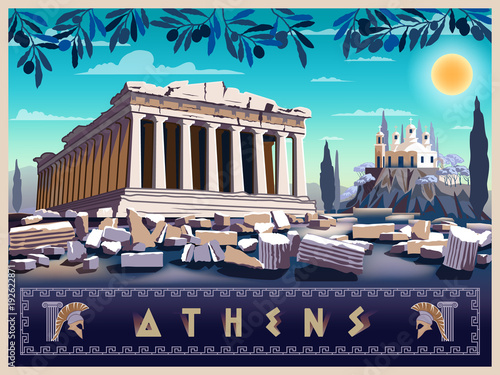 Acropolis Hill in Athens. Handmade drawing vector illustration. Retro style poster. photo