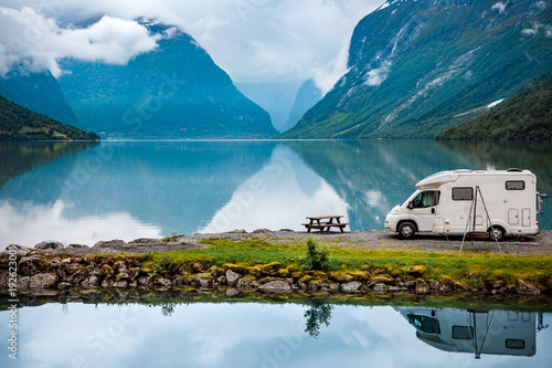Family vacation travel RV, holiday trip in motorhome