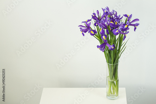 A beautiful bouquet of tender purple irises for a birthday gift in a vase of water on a white table on a light white background.