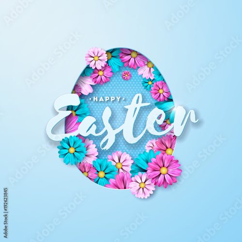 Vector Illustration of Happy Easter Holiday with Painted Egg and Flower on Clean Background. International Celebration Design with Typography for Greeting Card, Party Invitation or Promo Banner.