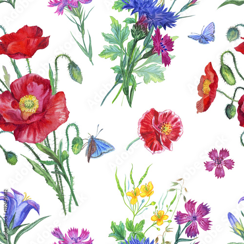 Seamless pattern from bouquets of summer wildflowers and butterflies  watercolor illustration. Flower watercolor background for fabrics  postcards  etc.