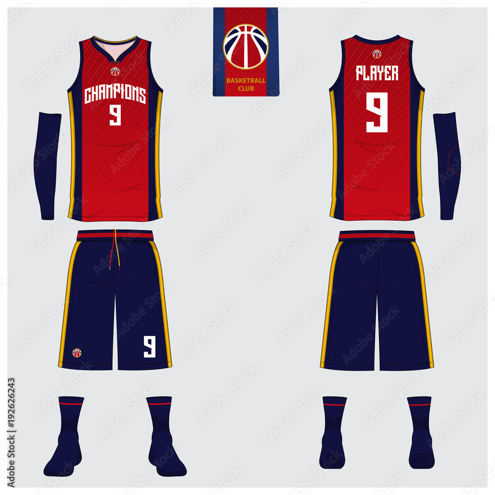 Fototapeta premium Basketball uniform or sport jersey, shorts, socks template for basketball club. Front and back view sport t-shirt design. Tank top t-shirt mock up with basketball logo design. Vector Illustration.