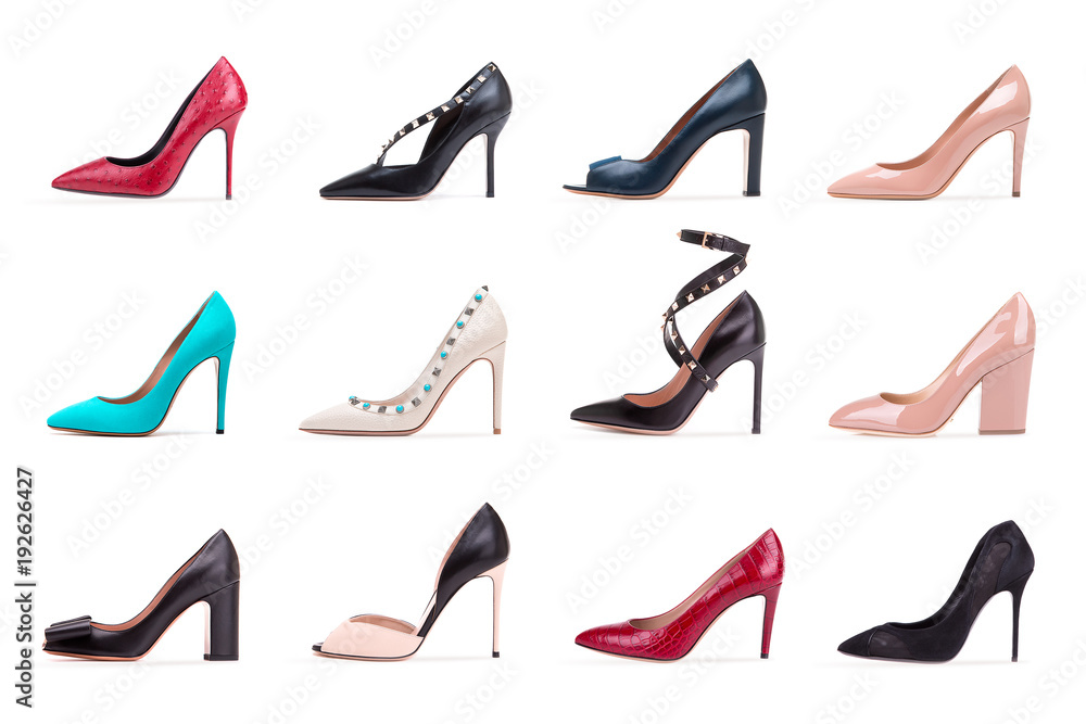 Collection of women's high-heeled shoes. A collection of women's high-heeled shoes. A group of diverse female shoes on a white background. Collection of women's high-heeled shoes. A collection of women's high-heeled shoes. A group of diverse female shoes on a white background.