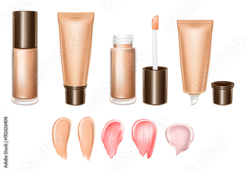 Vector 3d realistic set of lipsticks or foundation - liquid, cream, smears of product in pastel, glossy, bright colors. Tube,brush, container. Fashion template for advertising, promotion female makeup