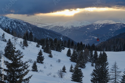 Twilight in the ski resort of Passo del Tonale in Italy.