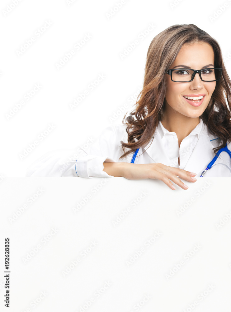 Doctor showing blank signboard, isolated Doctor showing blank signboard, isolated