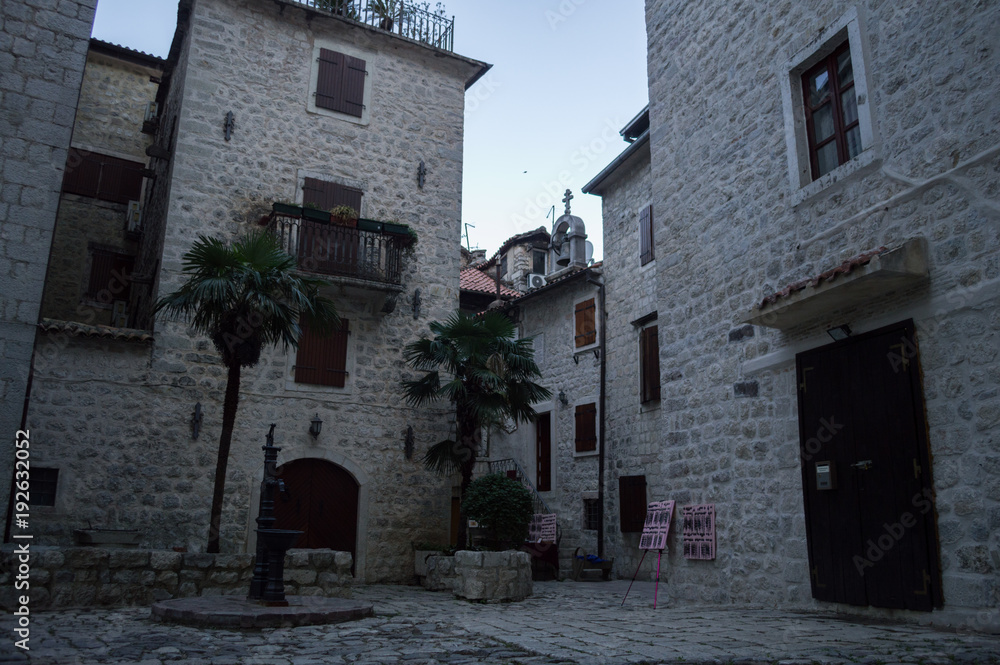 Typical Houses with Artisan Vendor Stand in the Old Town of Kotor at Night, Montenegro