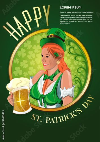 Poster for St. Patricks Day. Cute Irish girl with a beer glass in hand. Pretty irish woman. Hibernian. Beautiful red-haired girl in a leprechaun hat. Vector illustration photo