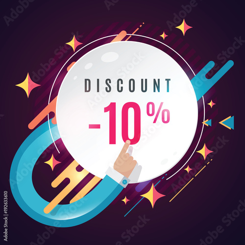 Web badge with pointed finger. Shopping conception banner in modern designe. Advertising template with place for text. Vector illustration
