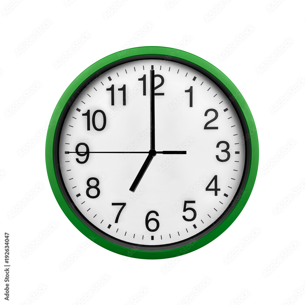 Green wall clock isolated on a white background. Green wall clock isolated on a white background.