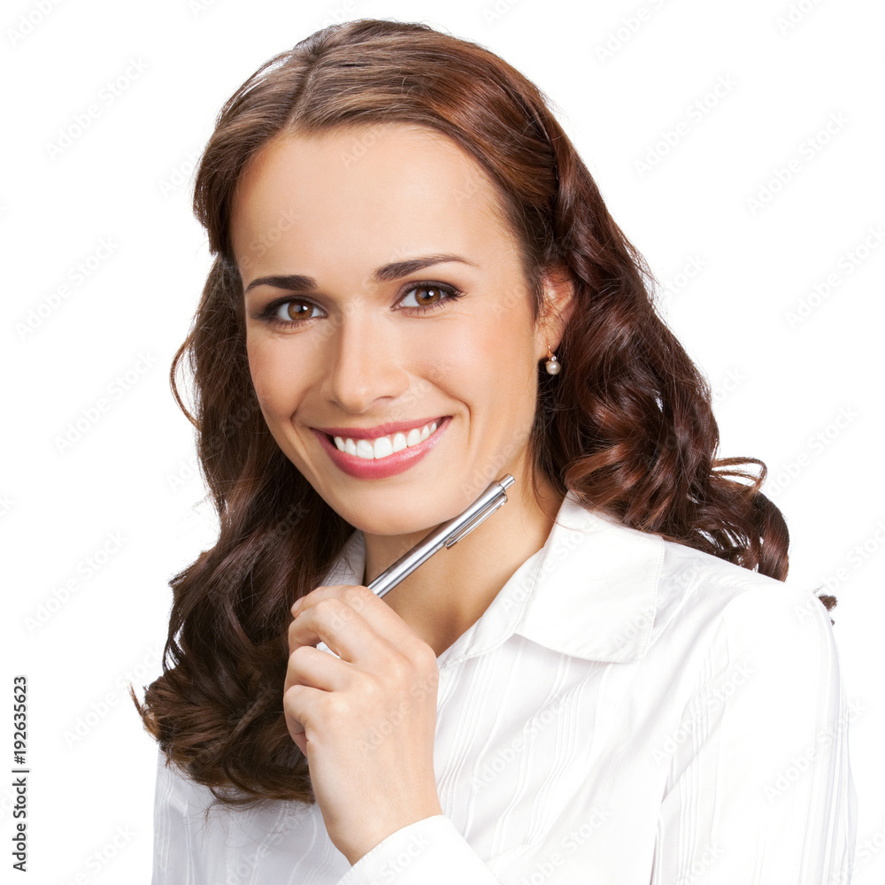 Young businesswoman with pen, isolated Young businesswoman with pen, isolated