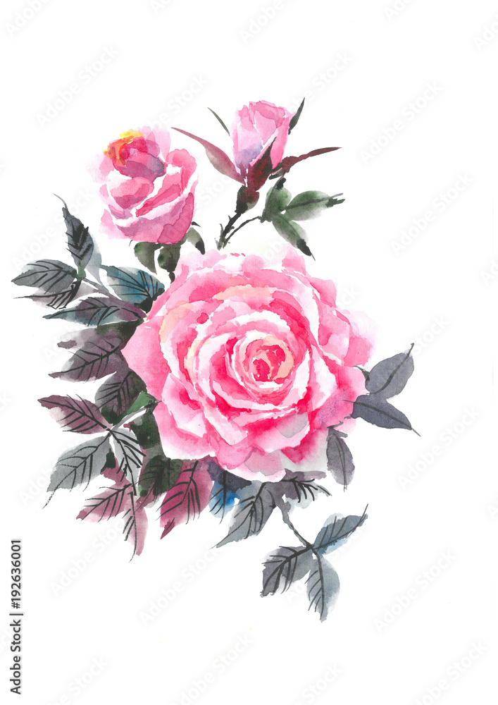 Pink rose. Decorative bouquet with roses. Watercolor background.