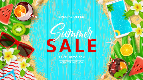 Summer sale promo web banner. Top view on Summer decoration with cocktails and fresh fruit on wooden texture. Vector illustration with special discount offer. Concept of seasonal vacation.
