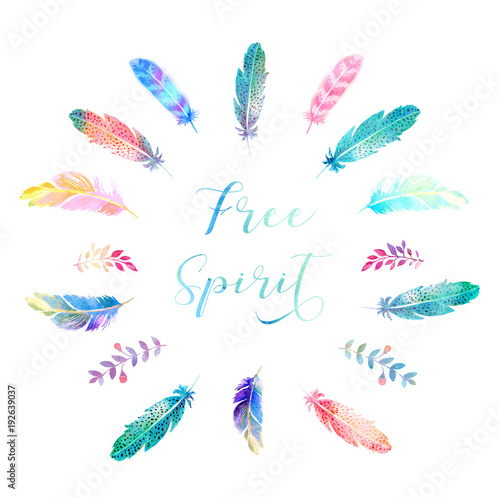 Hand painting watercolor of bohemian feather isolated on the white background