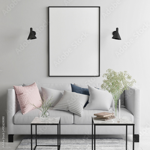 Mock up poster in Scandinavian living room, your art work here, 3d render, 3d illustration photo