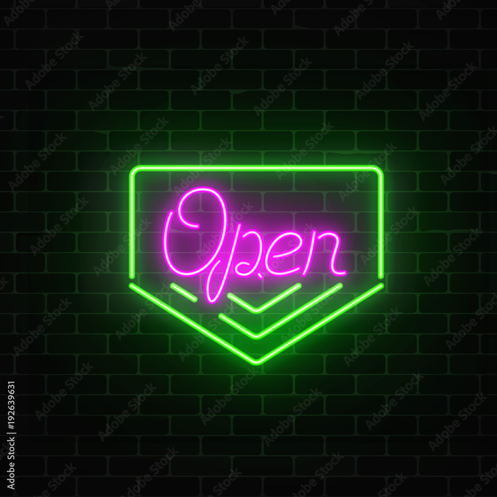 Neon open 24 hours sign board in geometric frame with arrows on a brick wall background. Neon open 24 hours sign board in geometric frame with arrows on a brick wall background.