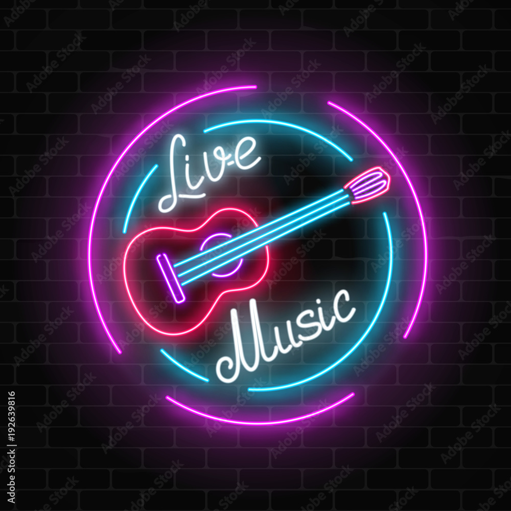 Vecteur Stock Neon Sign Of Bar With Live Music On A Brick Wall