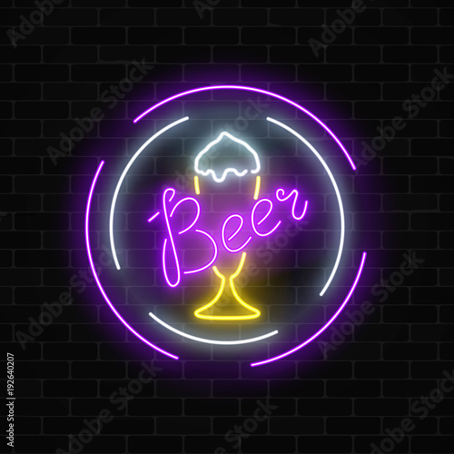 Glowing neon beer bar signboard in circle frames on dark brick wall background. Luminous advertising sign