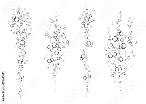 Underwater fizzing air transparent bubbles stream on white background.