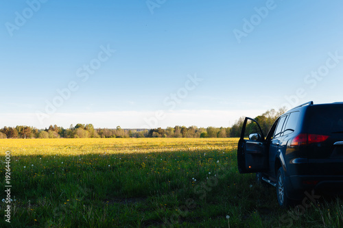 The SUV is parked on a summer field with an open door. Black car stands alone on the field, rear view. Car photo. Place for text. Nature background with car. Landscape with car. Summer field.