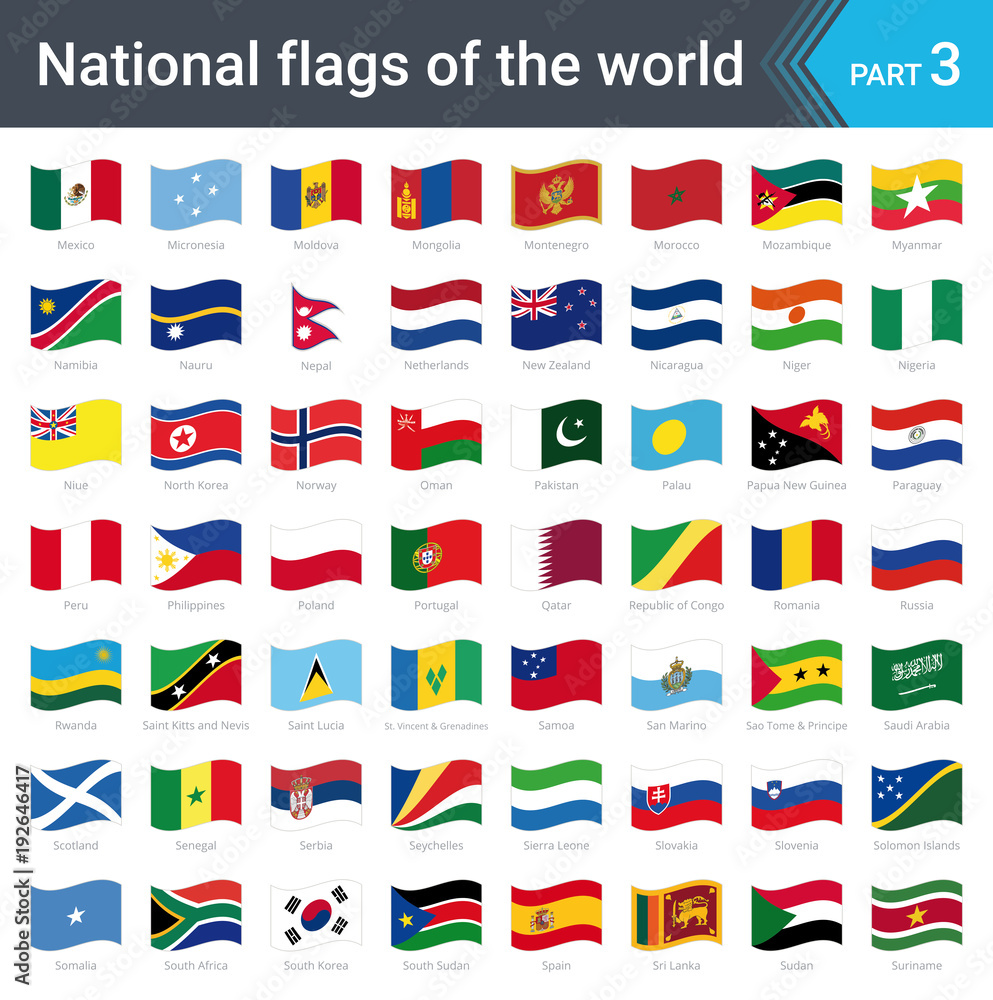 Waving flags of the world. Collection of flags - full set of national flags Waving flags of the world. Collection of flags - full set of national flags