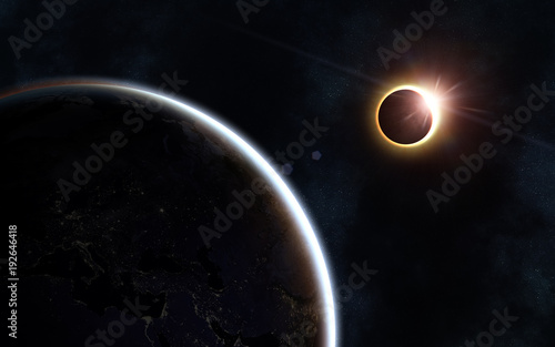 Fototapeta Naklejka Na Ścianę i Meble -  Solar eclipse. Earth and moon. Beautiful space landscape. Image in 5K resolution for desktop wallpaper. Elements of the image are furnished by NASA