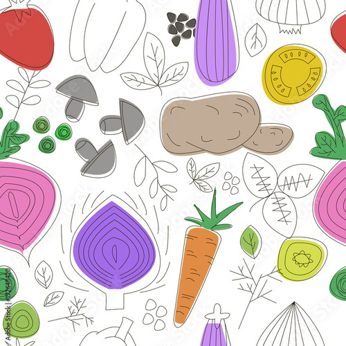 Vegetables seamless pattern. Linear graphic. Vegetables background. Scandinavian style. Healthy food pattern.