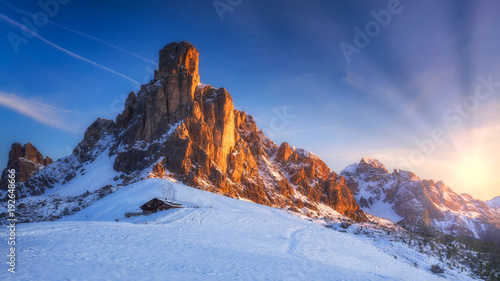 Fantastic winter landscape, Passo Giau with famous Ra Gusela, Nuvolau peaks in background, Dolomites, Italy, Europe photo