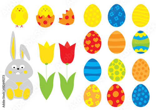 zestaw elementow wielkanocnych: pisanki, tulipany, zajączek, kurczaki / wektory dla dzieci