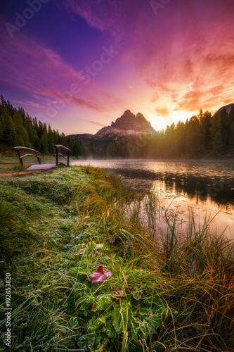 Antorno lake with famous Tre Cime di Lavaredo (Drei Zinnen) mount. Dolomite Alps, Province of Belluno, Italy, Europe. Beauty of nature concept background.