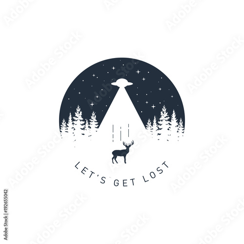 Hand drawn travel badge with deer textured vector illustration and "Let's get lost" inspirational lettering.